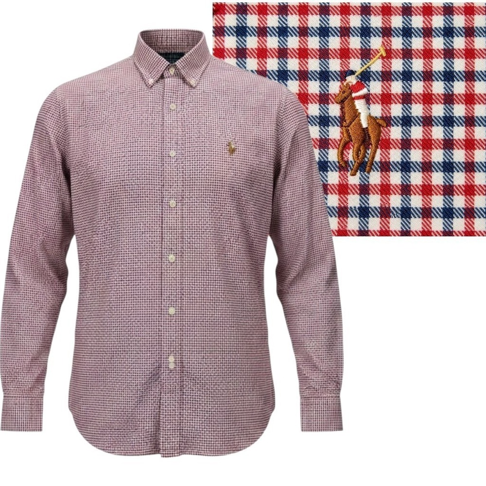 Ralph Lauren Button Down Shirt Men Large Red Blue Check Slim Fit Long Sleeve